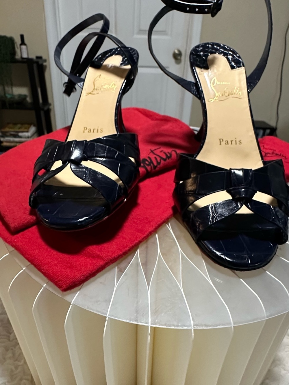 Christian Louboutin Navy Patent Leather Strappy Heels
